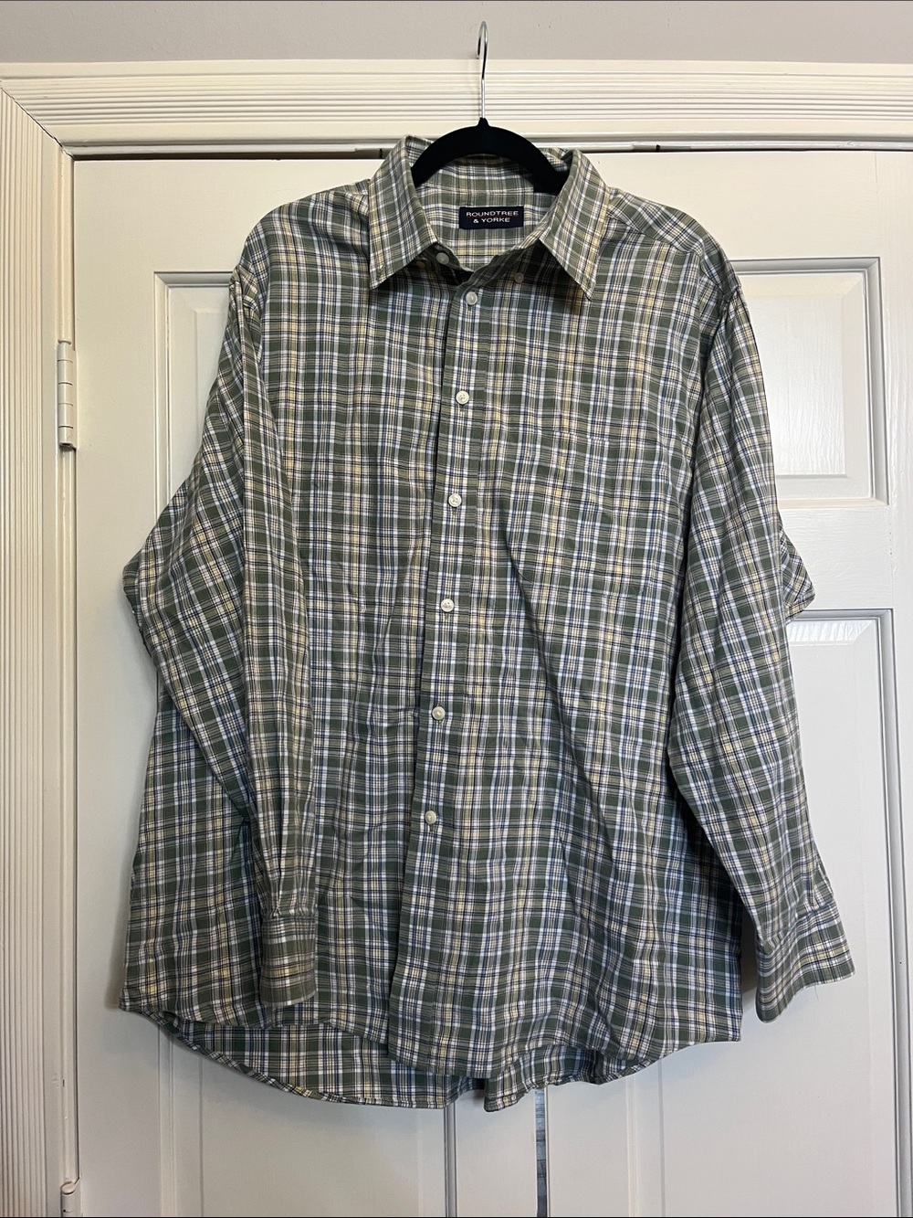 Roundtree & Yorke Olive and White Plaid Button-Down Shirt